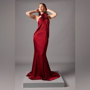 NWT Coast Satin Halter Maxi Dress/Gown with flower at neck. Longer in the back.